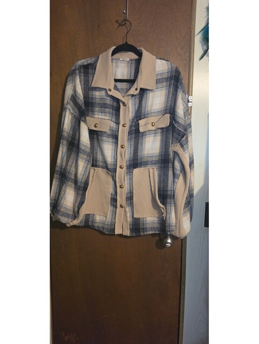 POJ Large Blue and Beige Plaid Button-Up Shirt Jacket